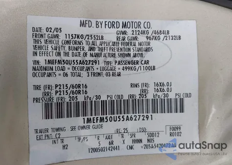 2005 Mercury Sable Gs from USA, damaged, VIN 1MEFM50U55A627291